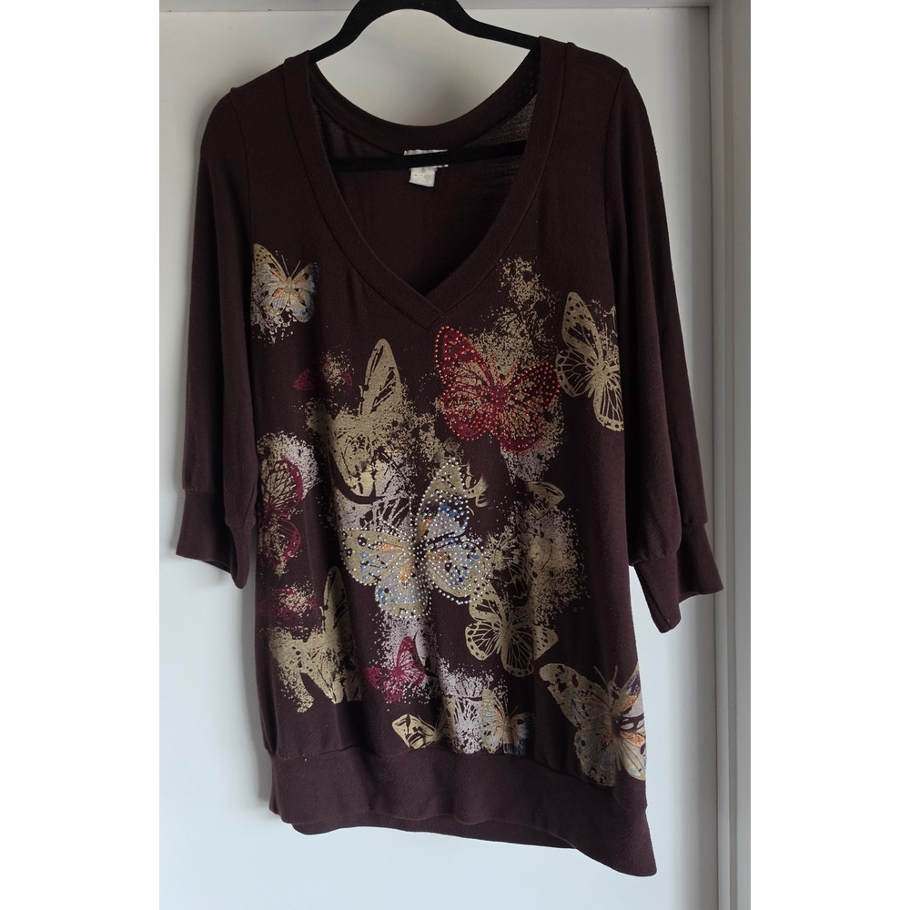 Women's Brown Butterfly Tunic V-Neck 3/4 Sleeve Casual Top Blouse Vintage